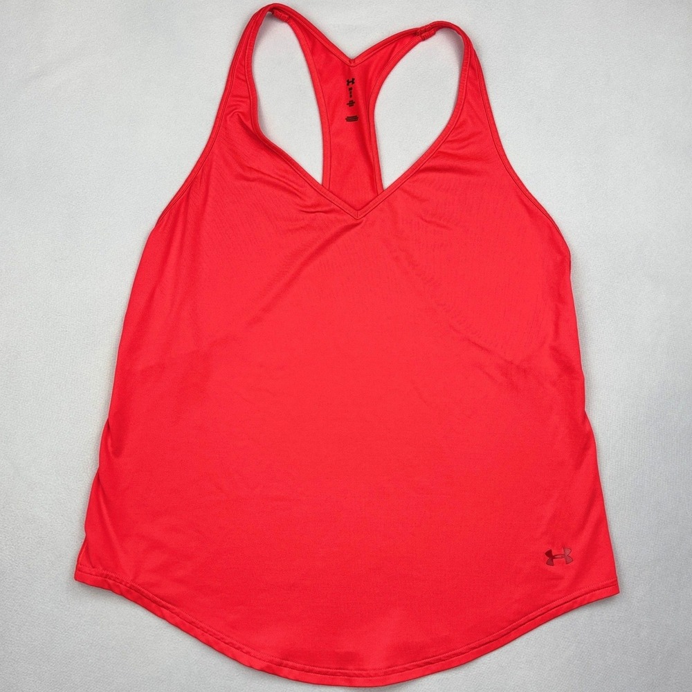 Under Armour Tank Top Womens Medium Coral Red V-Neck Racerback Loose Fit Workout